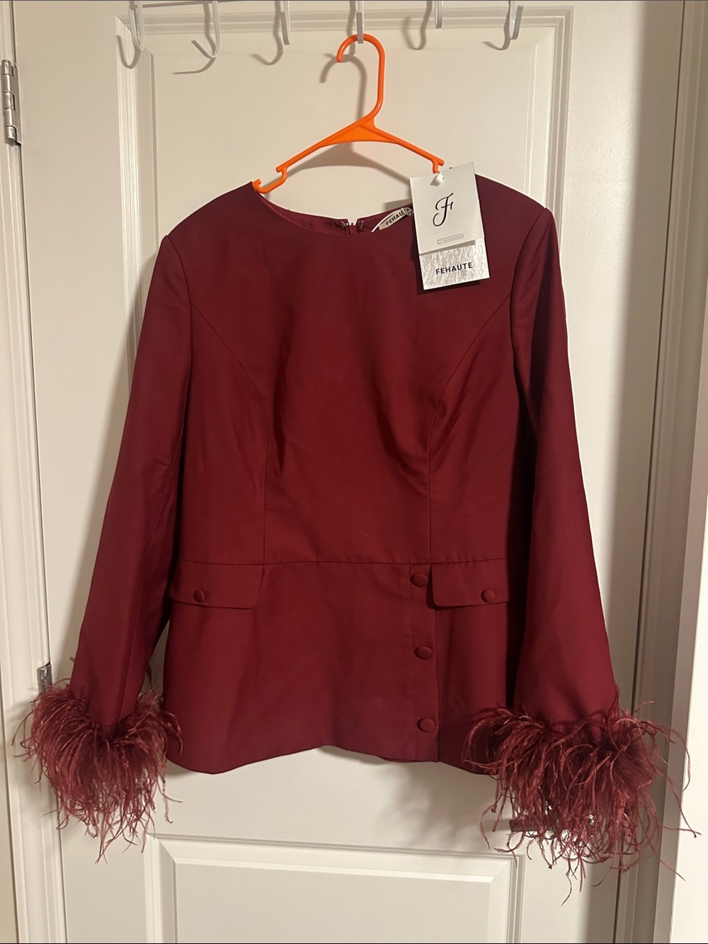 Fehaute Women's Burgundy Feather-Cuff Dress top